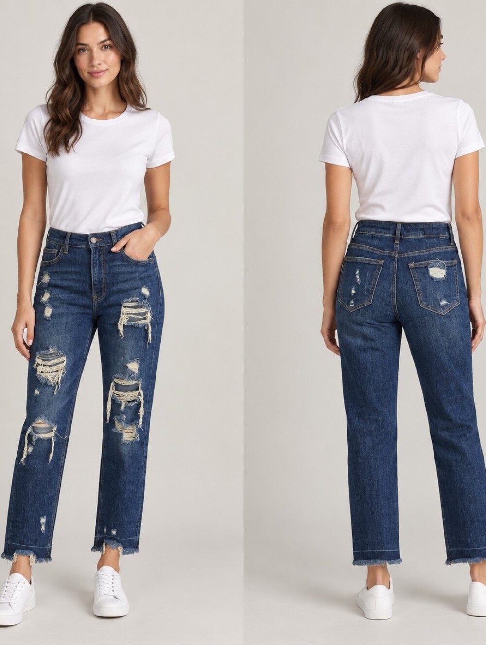 Risen High Rise Distressed Straight Leg Jeans